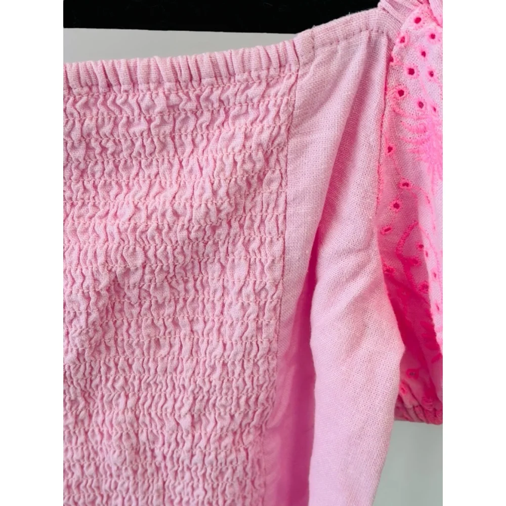 Old Navy Girls XL (14-16) Preppy Pink Puff Sleeved Top Smocked Pineapple Print